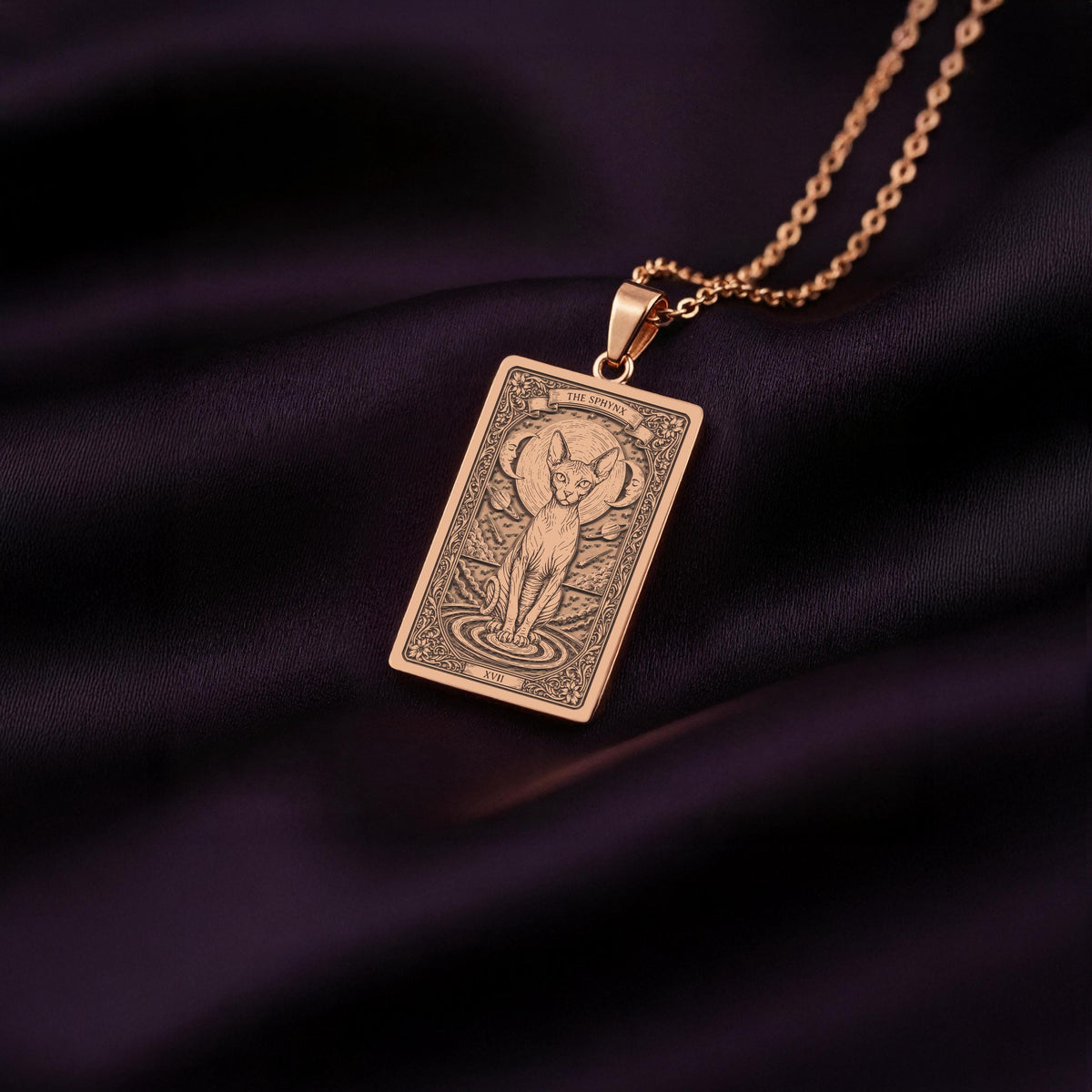 A custom rose gold plated Cat Lover tarot necklace. This piece is a perfect gift, honoring the magical and loving Sphynx cat.