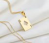 Gold Ace of Spades rectangle pendant, playing card charm necklace, minimalist style, 14k gold necklace, boho-inspired, handcrafted, resilience symbol, lightweight for everyday wear, unique gift, perfect for layering, timeless elegance for all styles.