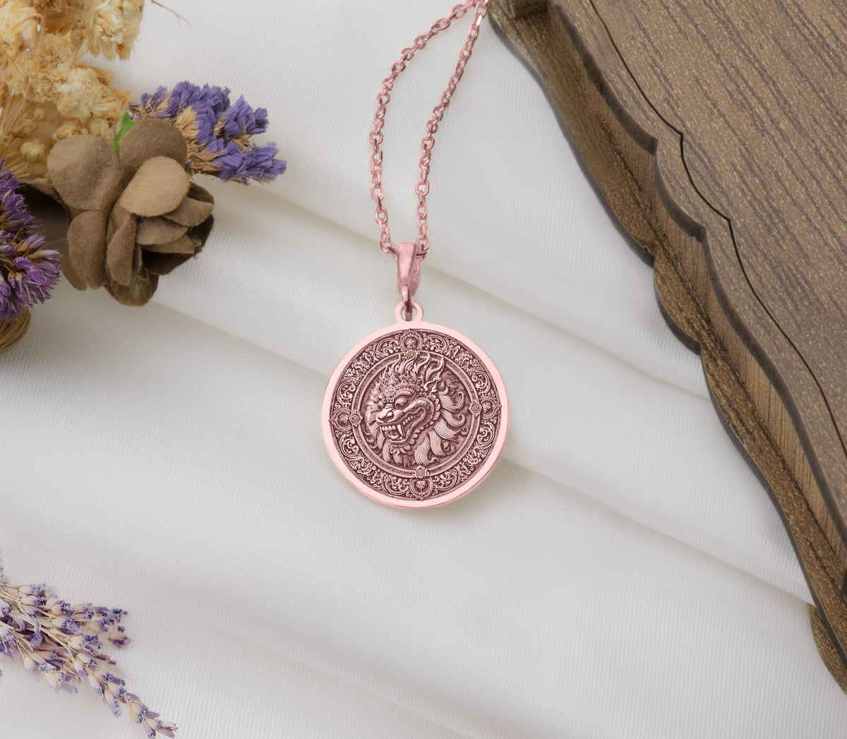 Rose Gold Barong Ket Necklace, Sacred Balinese Guardian Lion Pendant for Protection and Spiritual Strength, Mythical Bali Jewelry Charm in Rose Gold for Men and Women, Handcrafted Balinese Lion Amulet Necklace Gift for Him or Her