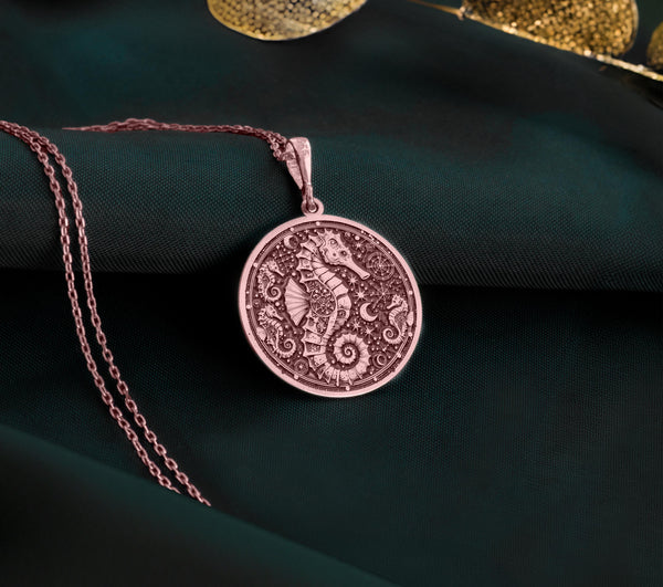 Rose gold plated seahorse necklace, a stylish and elegant marine-inspired jewelry design, ideal for gifting or adding a touch of ocean charm to any outfit.