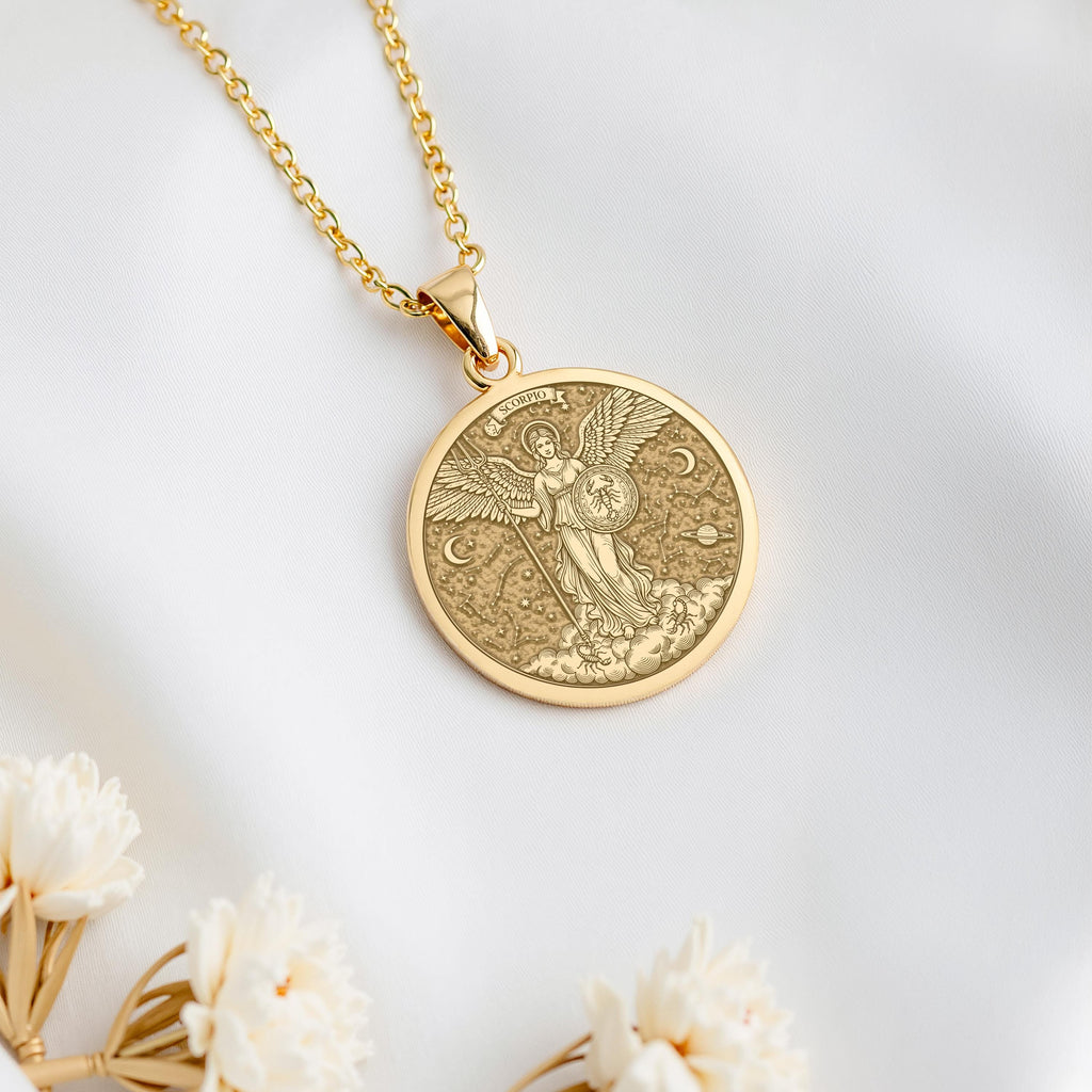 A personalized 14K gold plated Scorpio medallion. This astrology jewelry is a perfect birthday gift for the passionate Water Sign, born in October or November.