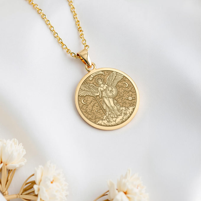 A personalized 14K gold plated Scorpio medallion. This astrology jewelry is a perfect birthday gift for the passionate Water Sign, born in October or November.