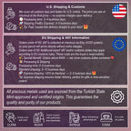 Shipping, customs, and jewelry care guide. Provides details for U.S. and Canada orders, emphasizing that we pay all customs fees and duties for both countries, ensuring a final price with no surprise charges upon delivery. For EU orders, it explains VAT collection. Also includes precious metal sourcing info, return policies, and jewelry care instructions.