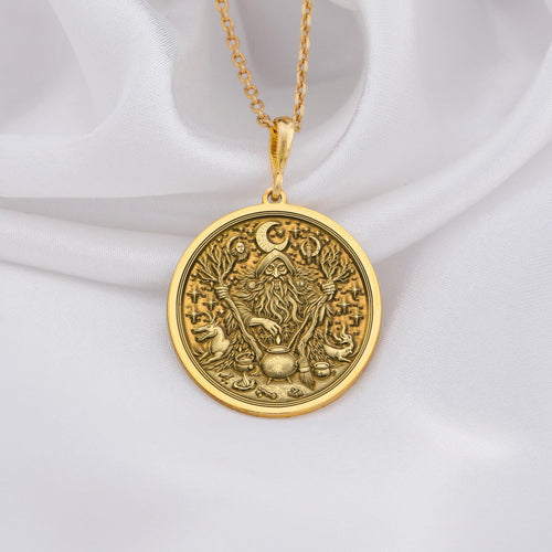 14K solid gold forest witch pendant, representing mystical power and ancient wisdom of nature. Handcrafted gold necklace perfect for those seeking strength and protection through a luxurious, enchanted design