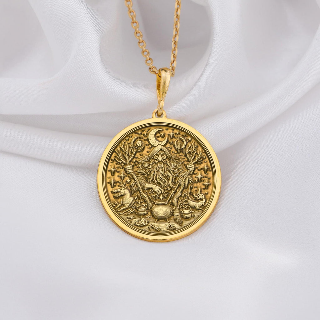 14K solid gold forest witch pendant, representing mystical power and ancient wisdom of nature. Handcrafted gold necklace perfect for those seeking strength and protection through a luxurious, enchanted design