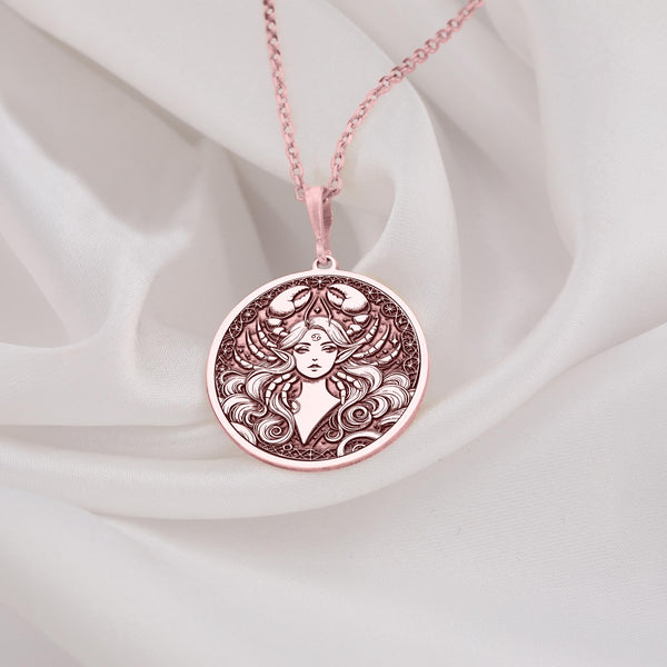 rose gold Cancer Sign Woman Necklace in Rose Gold Plated finish. Celestial zodiac necklace for astrology lovers. A delicate and meaningful gift for birthdays or special moments, perfect for Cancer sign enthusiasts. rose gold horoscope jewelry.
