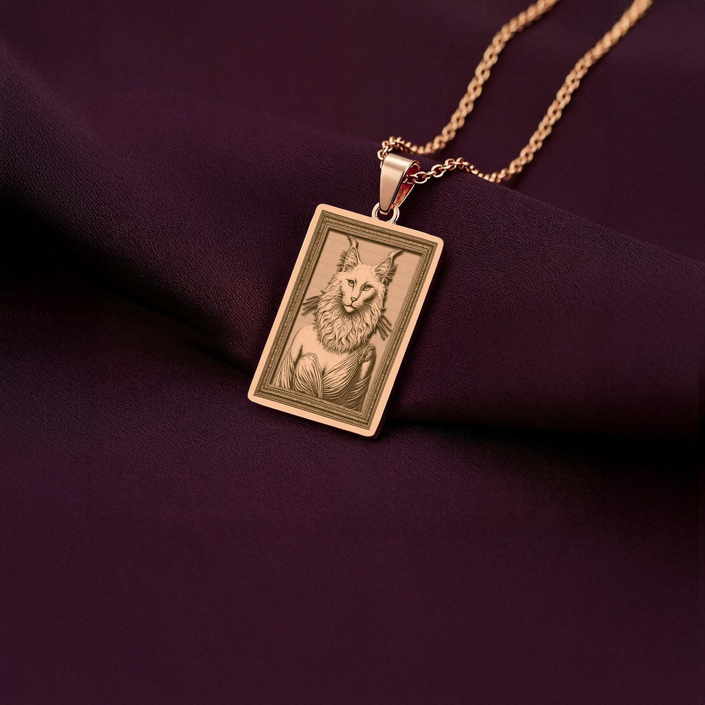 An elegant rose gold plated tarot card pendant celebrating the beauty of the Turkish Angora. This engraved piece is a perfect pet memorial gift to honor a cherished companion.