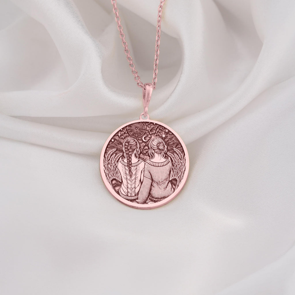 Friendship Friendship Necklace Necklaces 14K Rose 14K 14K Rose Gold Plated pendant necklace featuring two intertwined figures design on a round disc.