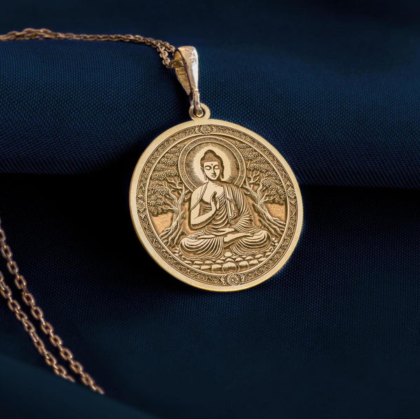 Buddha gold disc Pendant, Buddha Meditating Under Bodhi Tree, Gold Buddha Necklace, Spiritual Jewelry, Buddhist Pendant, Meditation Necklace, Enlightenment Symbol, Yoga Jewelry, Mindfulness Pendant, Bodhi Tree Jewelry, Gold Buddhist Necklace,