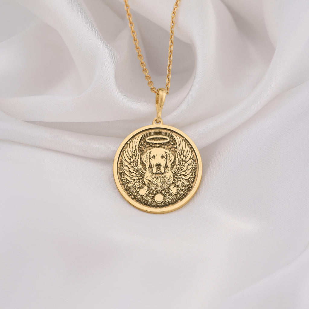 14K Solid Gold Golden Retriever Angel Dog Medallion featuring beloved loyal breed with heavenly wings and halo. Detailed memorial talisman with gentle expression, flowing coat and ornate celestial border. Luxury Golden memorial jewelry gift.