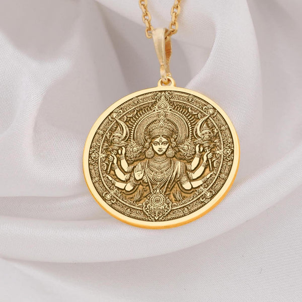 Handcrafted 14K Gold Durga Talisman, a powerful symbol of divine strength and protection. Ideal for spiritual seekers or as a meaningful gift.