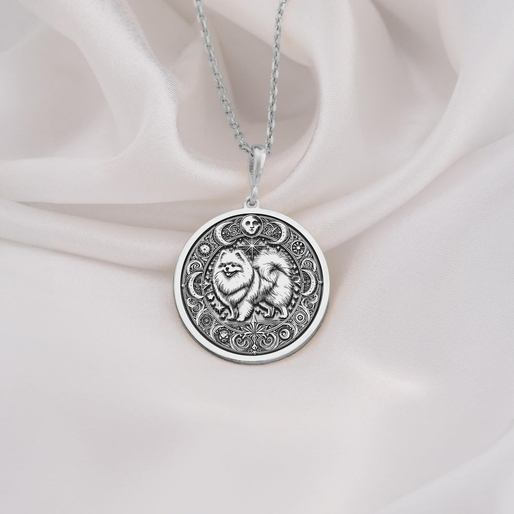 Intricate 925 Sterling Silver necklace with a fluffy Pomeranian and celestial symbols. A wonderful keepsake for pet owners, animal lovers, or those drawn to spiritual animal energy.