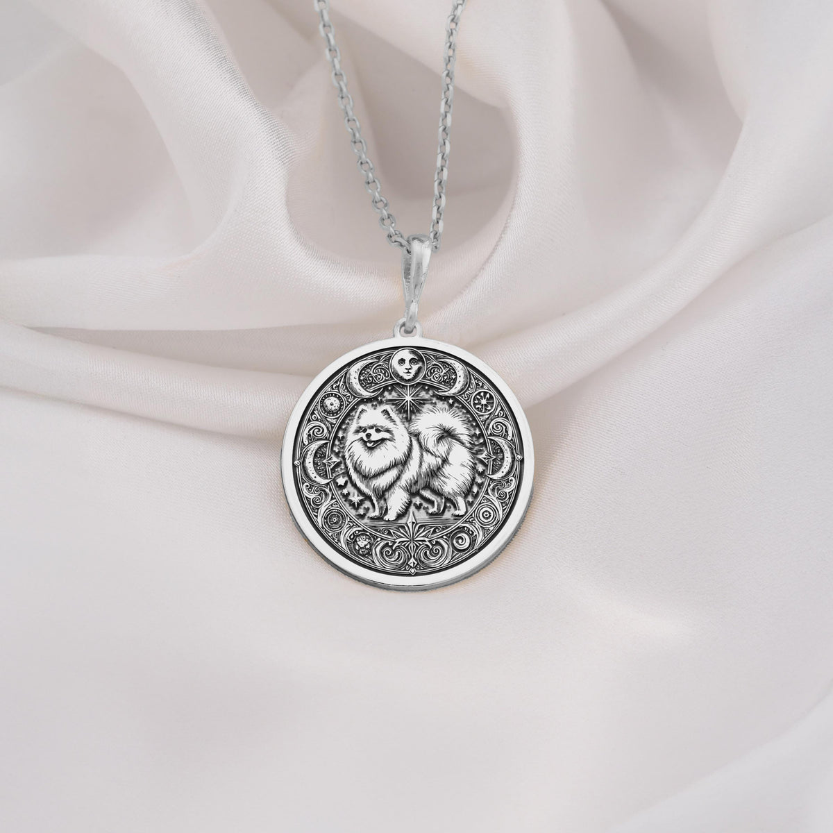 Intricate 925 Sterling Silver necklace with a fluffy Pomeranian and celestial symbols. A wonderful keepsake for pet owners, animal lovers, or those drawn to spiritual animal energy.