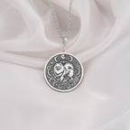 Intricate 925 Sterling Silver necklace with a fluffy Pomeranian and celestial symbols. A wonderful keepsake for pet owners, animal lovers, or those drawn to spiritual animal energy.