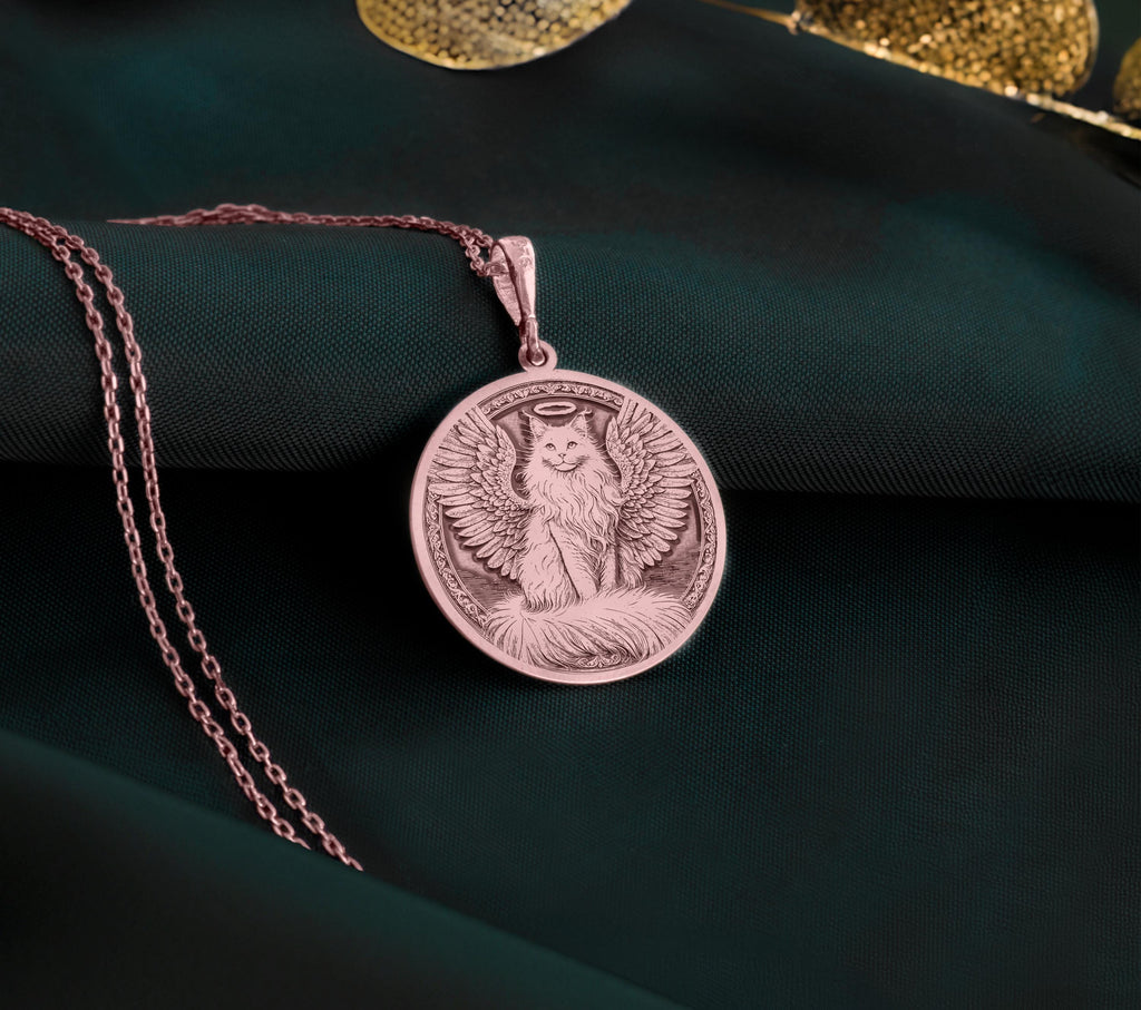 Rose Gold Plated Turkish Angora Angel Pendant with memorial design. Warm-toned elegant breed medallion with detailed wings, halo and graceful features. Rainbow bridge jewelry celebrating eternal love, perfect for grieving Turkish Angora parents.