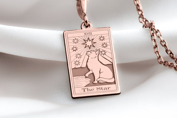 The Star Cat Tarot Card rose gold charm pendant, rose gold tarot cat charm for women, The Star Cat pendant in rose gold, rose gold tarot card necklace for cat lovers, rose gold Star Cat tarot charm for girls, rose gold cat tarot pendant,