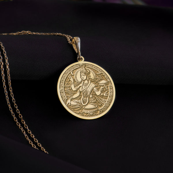 solid gold Annapurna Devi necklace inspired by the Indian goddess of nourishment. This handcrafted pendant symbolizes abundance, spirituality, and grace, making it a perfect gift for astrology lovers, spiritual seekers, or anyone appreciating jewelry