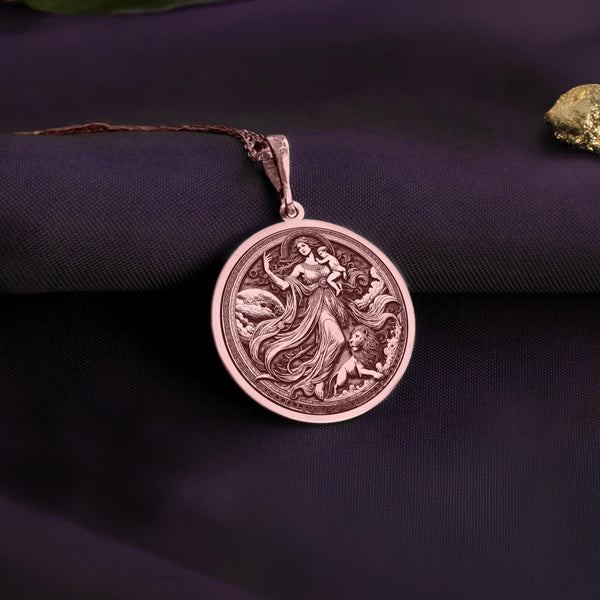 Rhea goddess pendant in Rose Gold Plated finish, a symbol of maternal love and divine strength. This Greek mythology medallion celebrates the Mother of the Gods, making it a meaningful gift for mothers, grandmothers, and goddess worshippers. Perfect for those drawn to spirituality, celestial energy, and handcrafted jewelry, this elegant piece carries a deep and timeless significance.