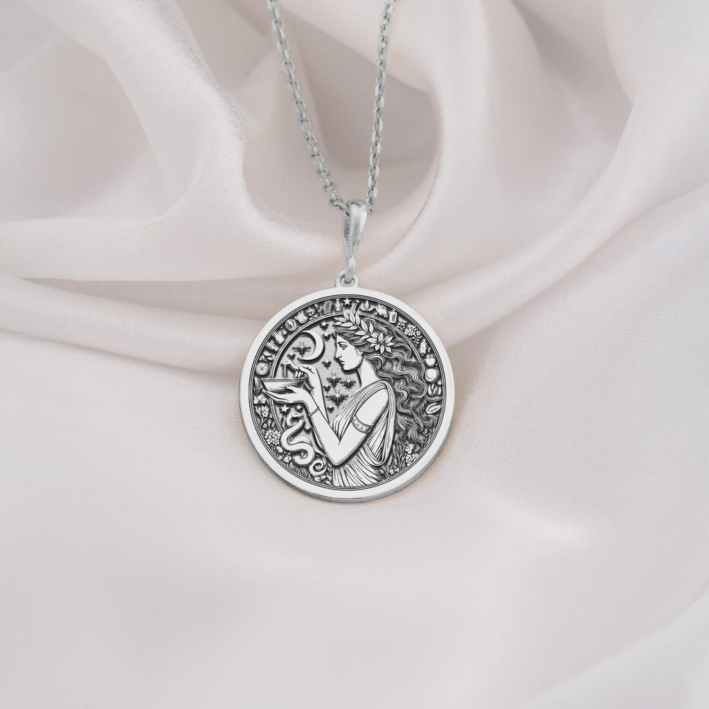 Hygieia Goddess Necklace Necklaces 925 925 Sterling Silver engraved portrait pendant necklace with flowing hair design