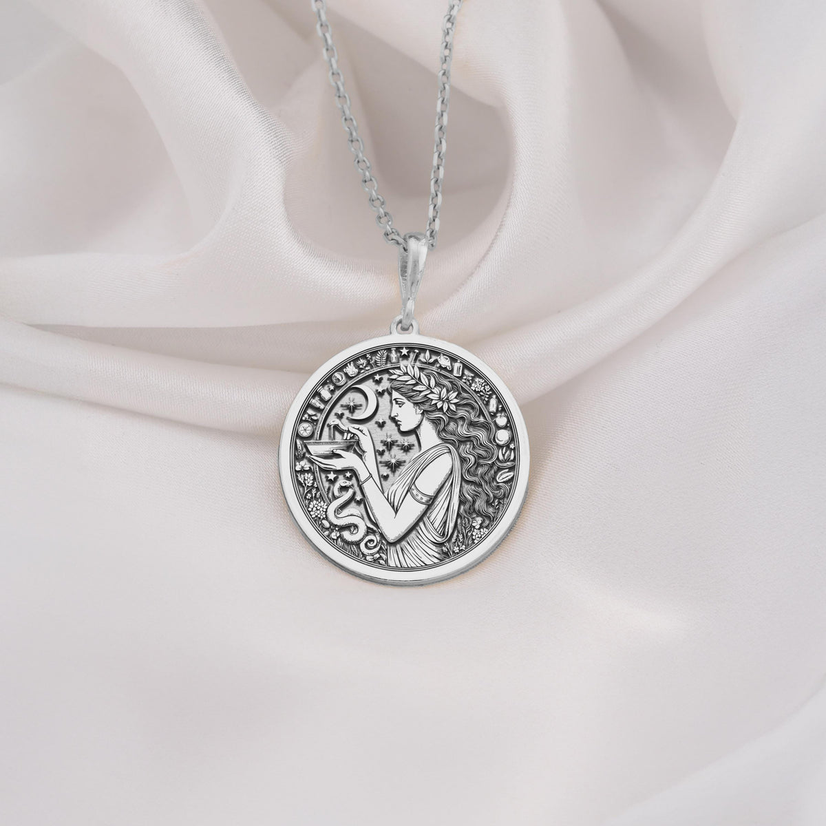 Hygieia Goddess Necklace Necklaces 925 925 Sterling Silver engraved portrait pendant necklace with flowing hair design