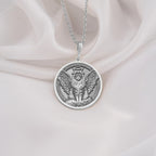 925 Sterling Silver Maine Coon Angel Cat Medallion showcasing beloved large breed feline with angel wings and heavenly halo. Detailed memorial coin pendant with distinctive long fur and tufted ears. Premium cat loss jewelry symbolizing eternal love.