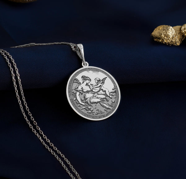 Silver Roman mythology jewelrySilver Venus goddess pendantSilver Cupid charm necklaceSilver romantic jewelrySilver symbol of love necklaceSilver Art Nouveau pendantVintage silver Venus and Cupid pendant