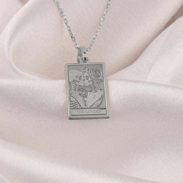 14K Solid Gold The Lovers Tarot Necklace, Tarot Gift for Couple, Skeleton Lovers Gold Pendant, Silver Tarot Charm, Romantic jewelry gift