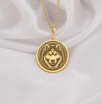 Husky Wolf Spirit Animal Medallion Necklaces 14K 14K Gold Plated dog portrait pendant necklace with round shape and gold chain