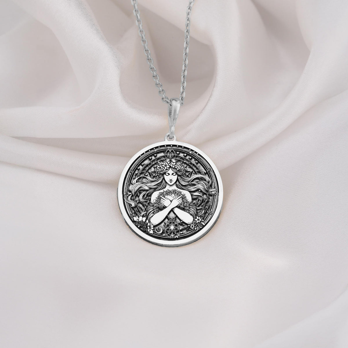Harmonia Goddess Medallion Necklaces 925 925 Sterling Silver engraved portrait pendant with swirling details on a round disc necklace