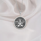Harmonia Goddess Medallion Necklaces 925 925 Sterling Silver engraved portrait pendant with swirling details on a round disc necklace