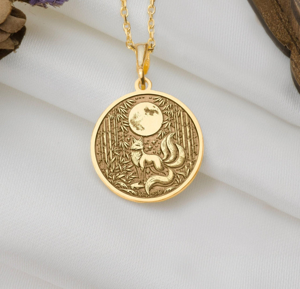 Kitsune Fox Spirit Animal Charm Pendant Necklaces 14K 14K Gold Plated pendant necklace featuring a stylized lion and crescent moon design.