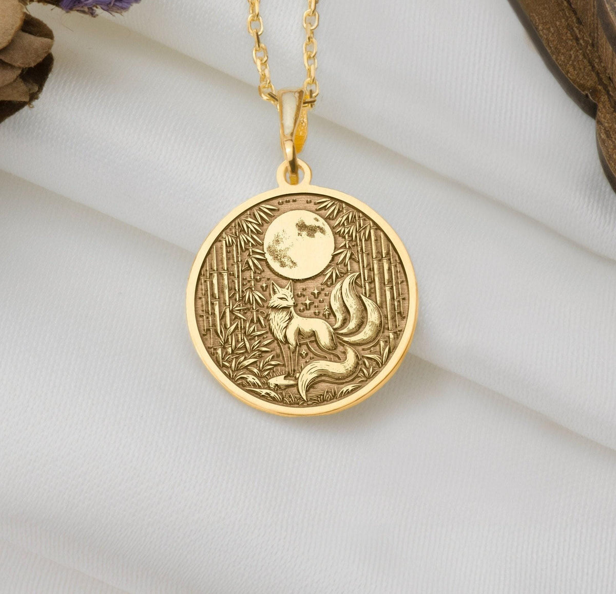 Kitsune Fox Spirit Animal Charm Pendant Necklaces 14K 14K Gold Plated pendant necklace featuring a stylized lion and crescent moon design.