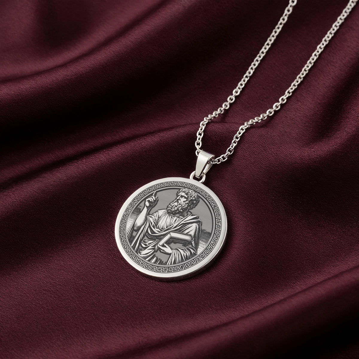 A personalized 925 sterling silver Plato necklace. This gift for him or her symbolizes reason and "The Republic," a cherished keepsake.