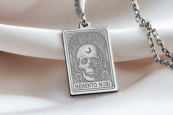 Sterling silver Memento Mori skull necklace, dainty charm pendant, boho style, minimalist layering piece, lightweight and stackable, unique vintage design, faith symbol, handcrafted, perfect gift, everyday wear pendant.
