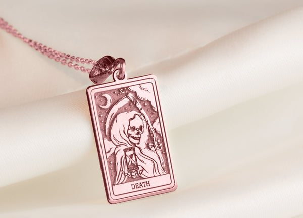 Death Tarot Card rose gold plated Charm Necklace Pendant, Death Tarot Necklace, Tarot Card Jewelry, Transformation Pendant, Mystical Charm Necklace, Symbolic Jewelry,