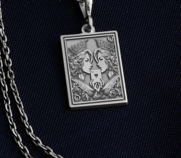 Silver Ace of Queens pendant showcasing two queens with regal crowns, celebrating women-loving-women (WLW) and unity with fine craftsmanship.