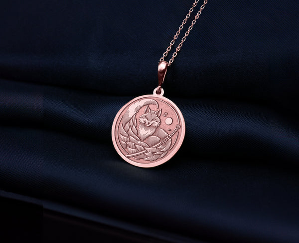 14K Solid Gold Kitsune Fox Charm Necklace, Kitsune Fox Silver Pendant, Japanese Fox Jewelry Mythology Pendant, Kitsune Mystic Fox Necklace