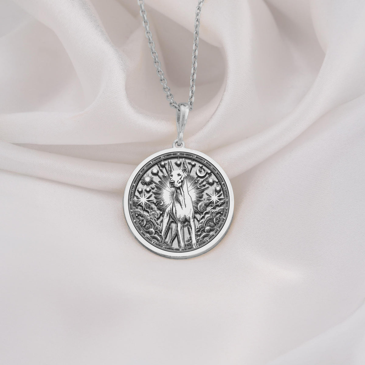 Doberman Pinscher Guardian Dog Pendant Necklaces 925 925 Sterling Silver metal pendant with an engraved classical figure surrounded by stars necklace