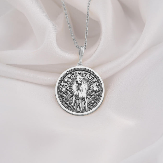 925 Sterling Silver Doberman Pinscher Medallion showcasing noble guardian breed with stars and celestial rays. Protective pet talisman with elegant profile. Working dog jewelry celebrating this breed's loyalty and intelligence.