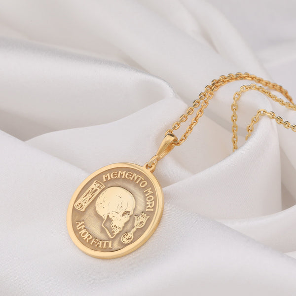 14K Solid Gold Memento Mori Necklace, Silver Memento Mori Necklace, Silver Amor Fati Necklace, Skull Pendant, Silver Amor Fati Pendant