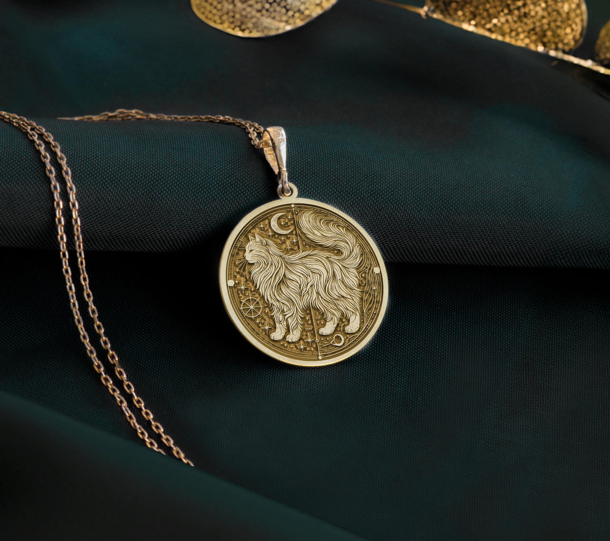 Detailed 14K Gold Plated cat pendant showcasing a long-haired feline under celestial stars and moons. A perfect gift for pet owners and lovers of spiritual animal symbolism.