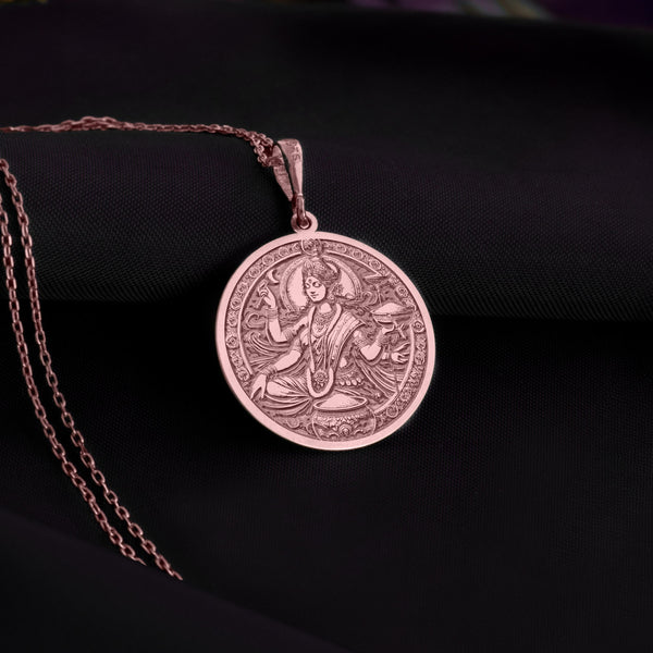 Rose gold Annapurna Devi necklace inspired by the Indian goddess of nourishment. Handcrafted with intricate details, this pendant is a symbol of spirituality, abundance, and elegance, perfect for gifting or personal expression in a unique style.