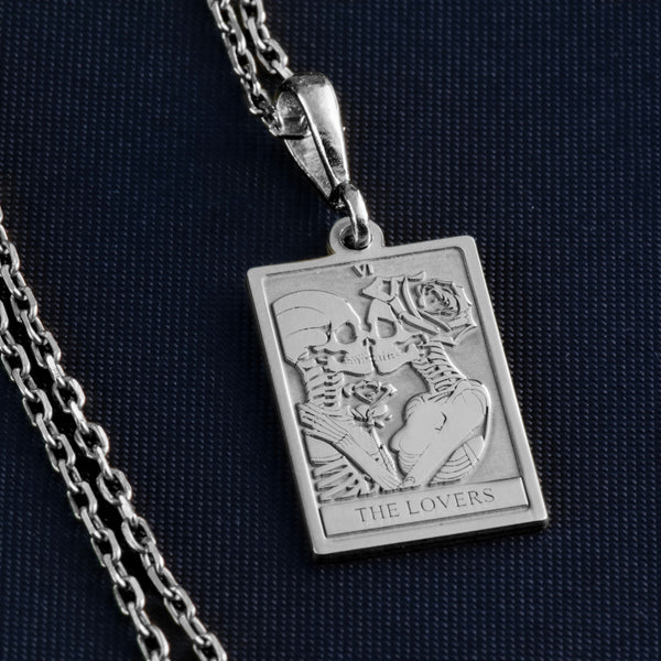 14K Solid Gold The Lovers Tarot Necklace, Tarot Gift for Couple, Skeleton Lovers Gold Pendant, Silver Tarot Charm, Romantic jewelry gift