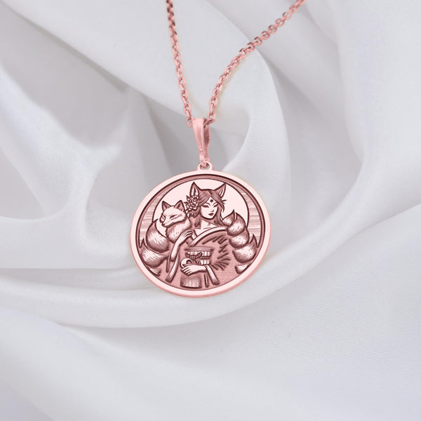 14K Solid Gold Kitsune Fox Charm Necklace, Kitsune Fox Silver Pendant, Personalized Kitsune Fox Necklace, Kitsune Girl Jewelry Fox Necklace