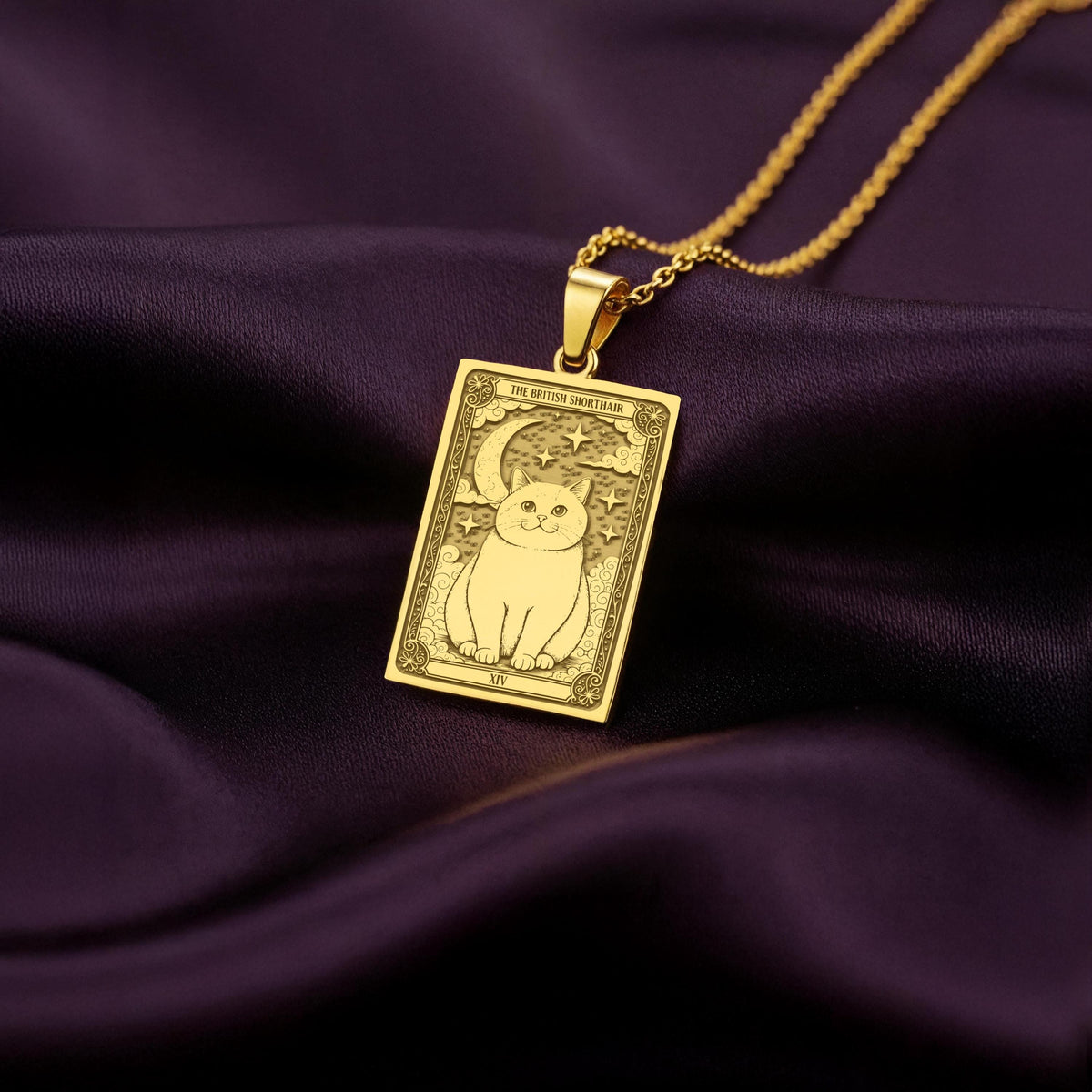 A polished 14K solid gold British Shorthair medallion. This fine pet jewelry represents the breed's affectionate nature, a perfect cat lover gift.