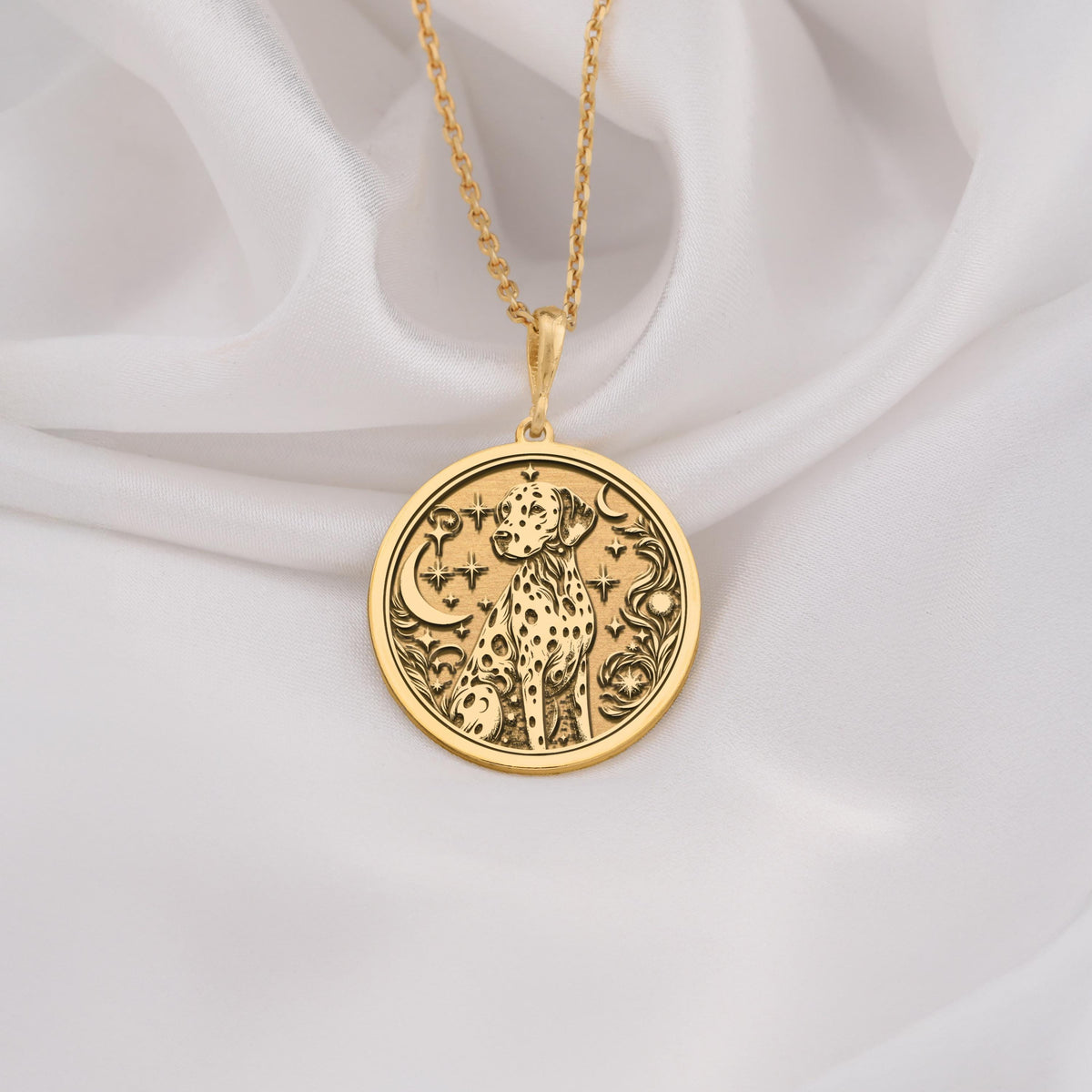 Dalmatian Medallion Necklace Necklaces 14K 14K Gold Plated pendant necklace featuring an ornate lion design with scrollwork on a round disc.