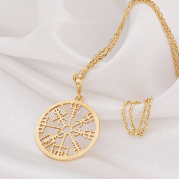 vegvisir gold pendant necklace , shaman drum pendant, vegvisir medallion