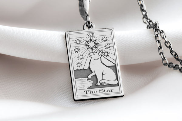 The Star Cat Tarot Card silver charm pendant, silver tarot cat charm for women, The Star Cat pendant in sterling silver, silver tarot card necklace for cat lovers, silver Star Cat tarot charm for girls