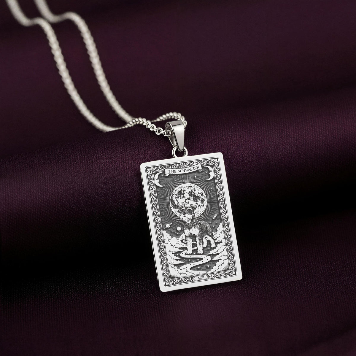 A striking 925 sterling silver Schnauzer charm. The art shows the celestial guardian, a meaningful piece of jewelry for a pet owner.