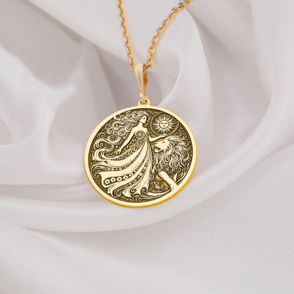 14k Gold Leo Women Zodiac Necklace featuring a lion astrology pendant. Perfect celestial jewelry for astrology lovers, Leo women, and horoscope gifts. Elegant and meaningful zodiac charm for bold personalities.